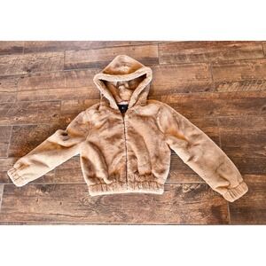 7 For All Mankind Womens Faux Fur Hooded Bomber Jacket Tan Camel XS Zip Up